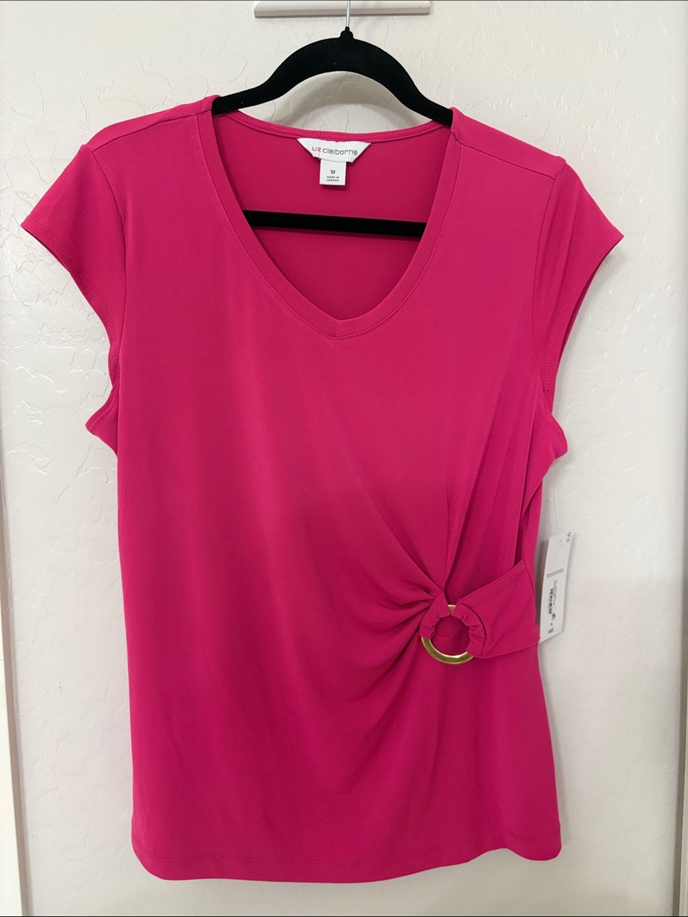 Liz Claiborne Hot Pink V-Neck Short Sleeve Top with Ring Knot